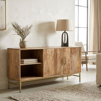 Lysa 50 Inch Sideboard Buffet Cabinet with Open Shelves, Gold Iron Base, Natural Brown Mango Wood - UPT-352592
