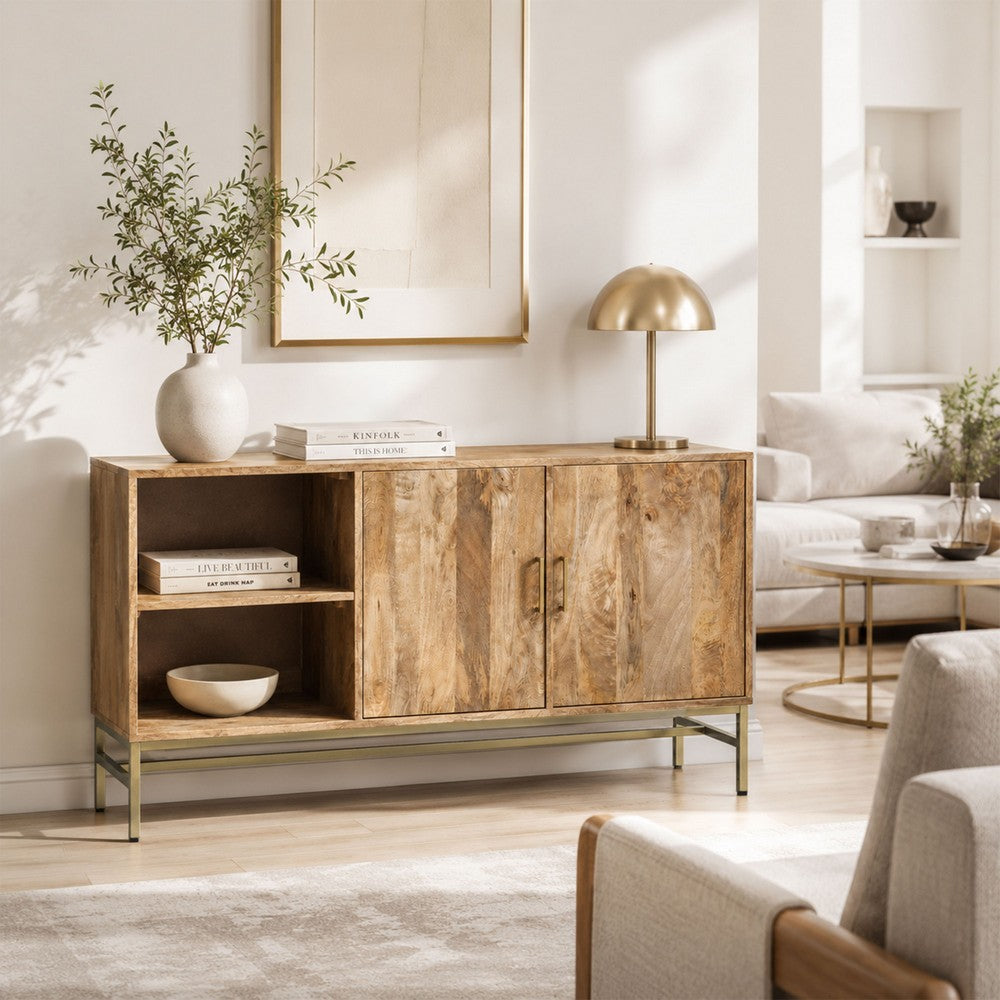 Lysa 50 Inch Sideboard Buffet Cabinet with Open Shelves, Gold Iron Base, Natural Brown Mango Wood - UPT-352592