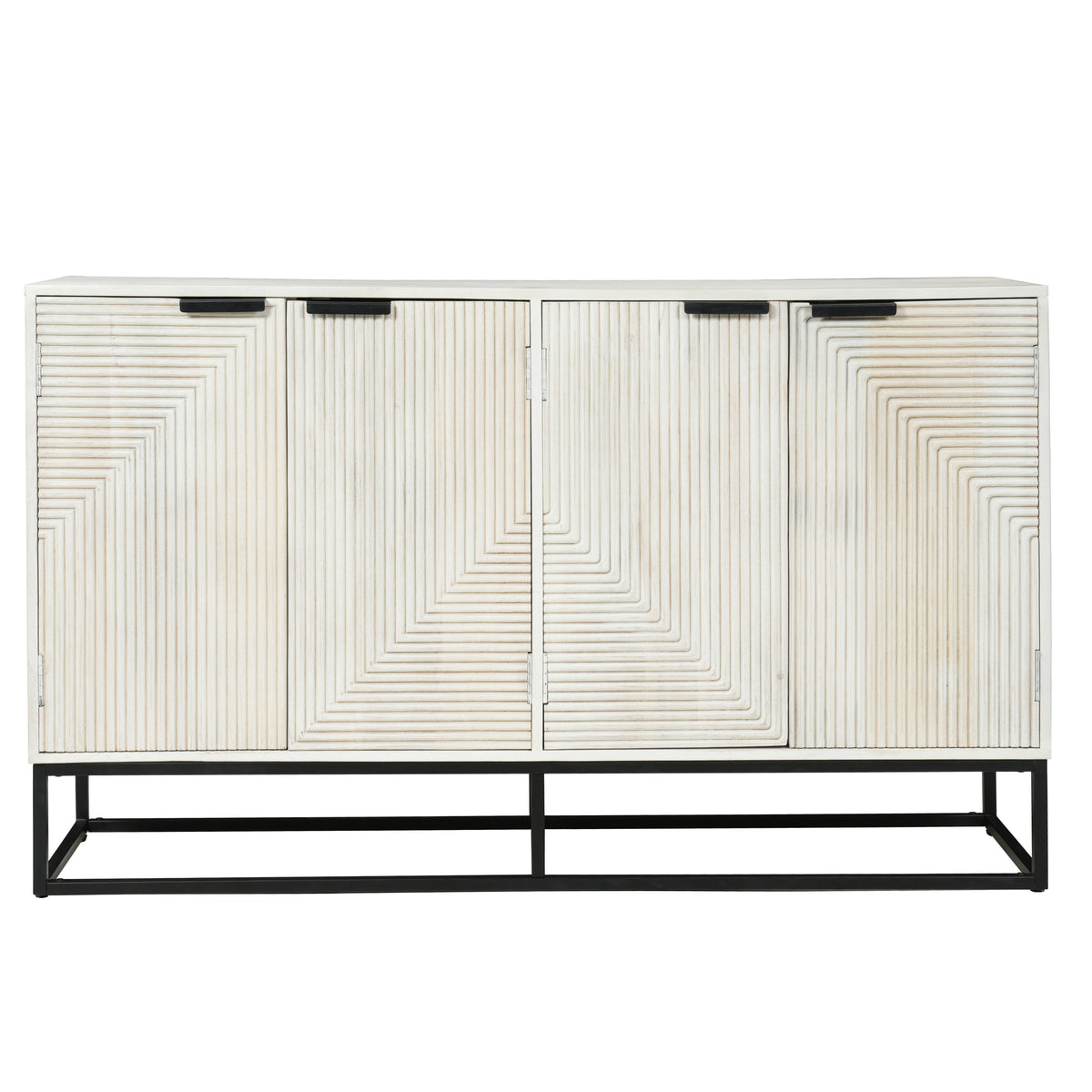 Seya 4 Door Sideboard Console, Fluted Front, Antique White Mango Wood, Black Iron Base, 60 Inch - UPT-352593