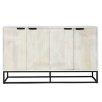 Seya 4 Door Sideboard Console, Fluted Front, Antique White Mango Wood, Black Iron Base, 60 Inch - UPT-352593