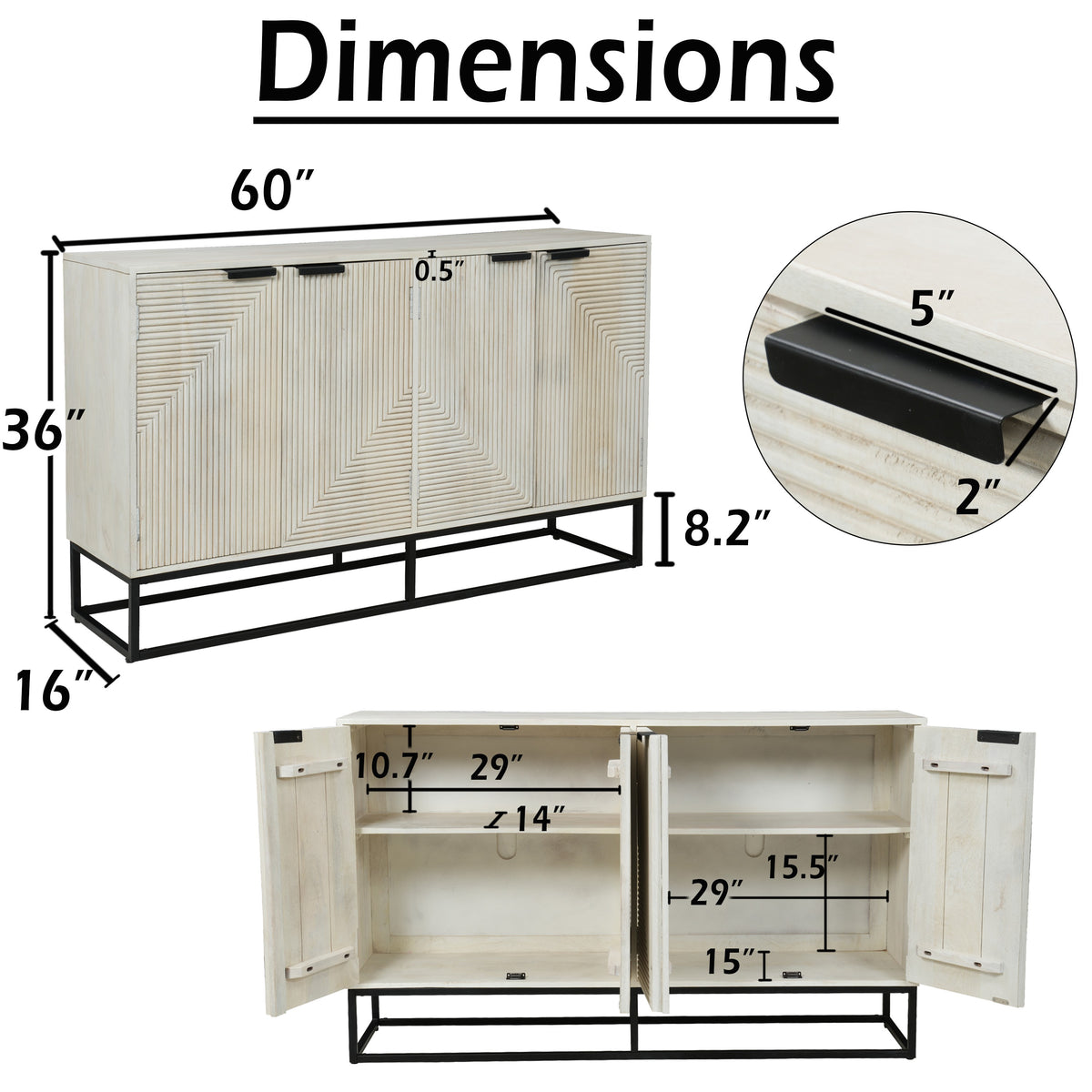 Seya 4 Door Sideboard Console, Fluted Front, Antique White Mango Wood, Black Iron Base, 60 Inch - UPT-352593