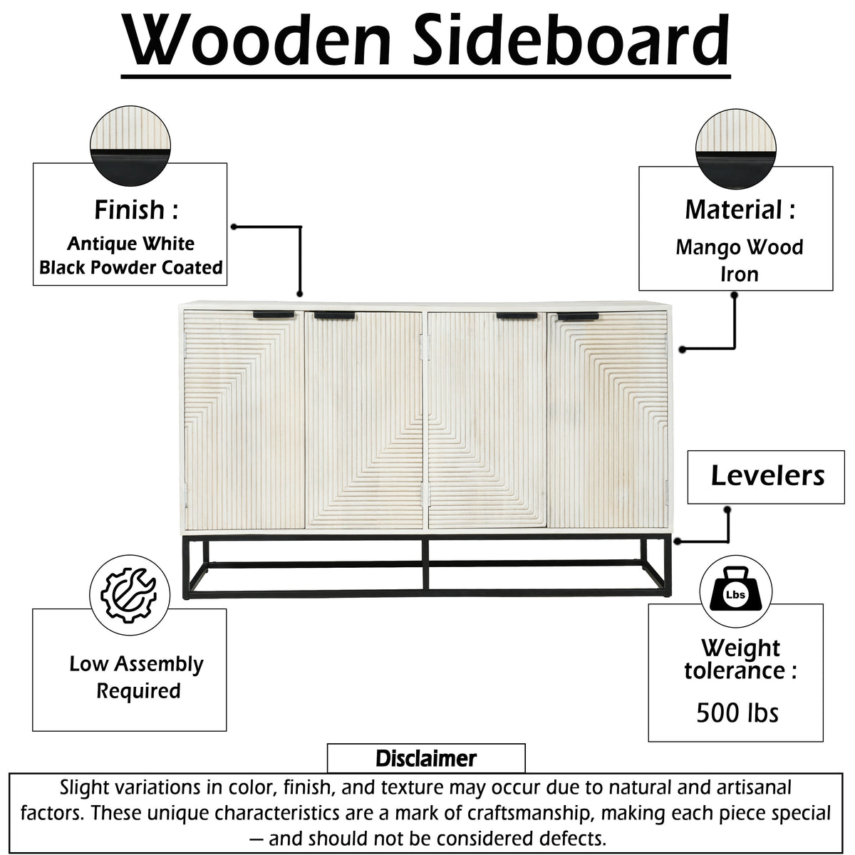 Seya 4 Door Sideboard Console, Fluted Front, Antique White Mango Wood, Black Iron Base, 60 Inch - UPT-352593