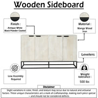 Seya 4 Door Sideboard Console, Fluted Front, Antique White Mango Wood, Black Iron Base, 60 Inch - UPT-352593