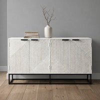 Seya 4 Door Sideboard Console, Fluted Front, Antique White Mango Wood, Black Iron Base, 60 Inch - UPT-352593