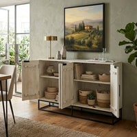 Seya 4 Door Sideboard Console, Fluted Front, Antique White Mango Wood, Black Iron Base, 60 Inch - UPT-352593