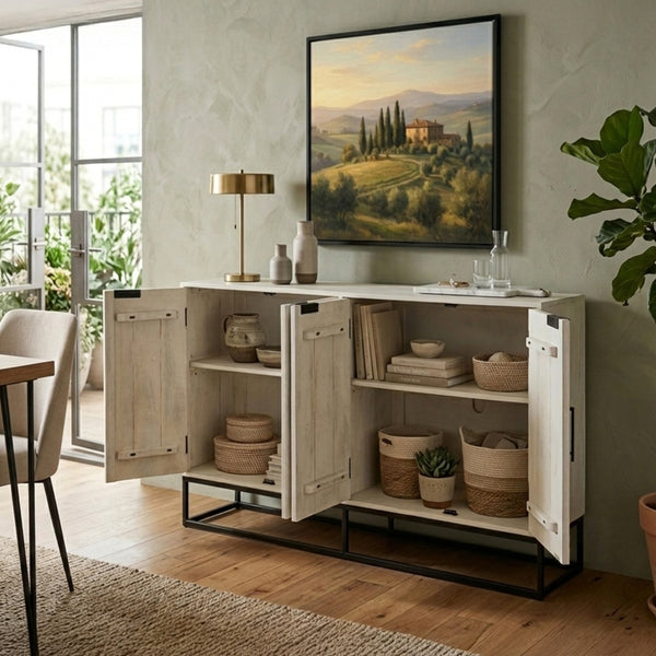 Seya 4 Door Sideboard Console, Fluted Front, Antique White Mango Wood, Black Iron Base, 60 Inch - UPT-352593
