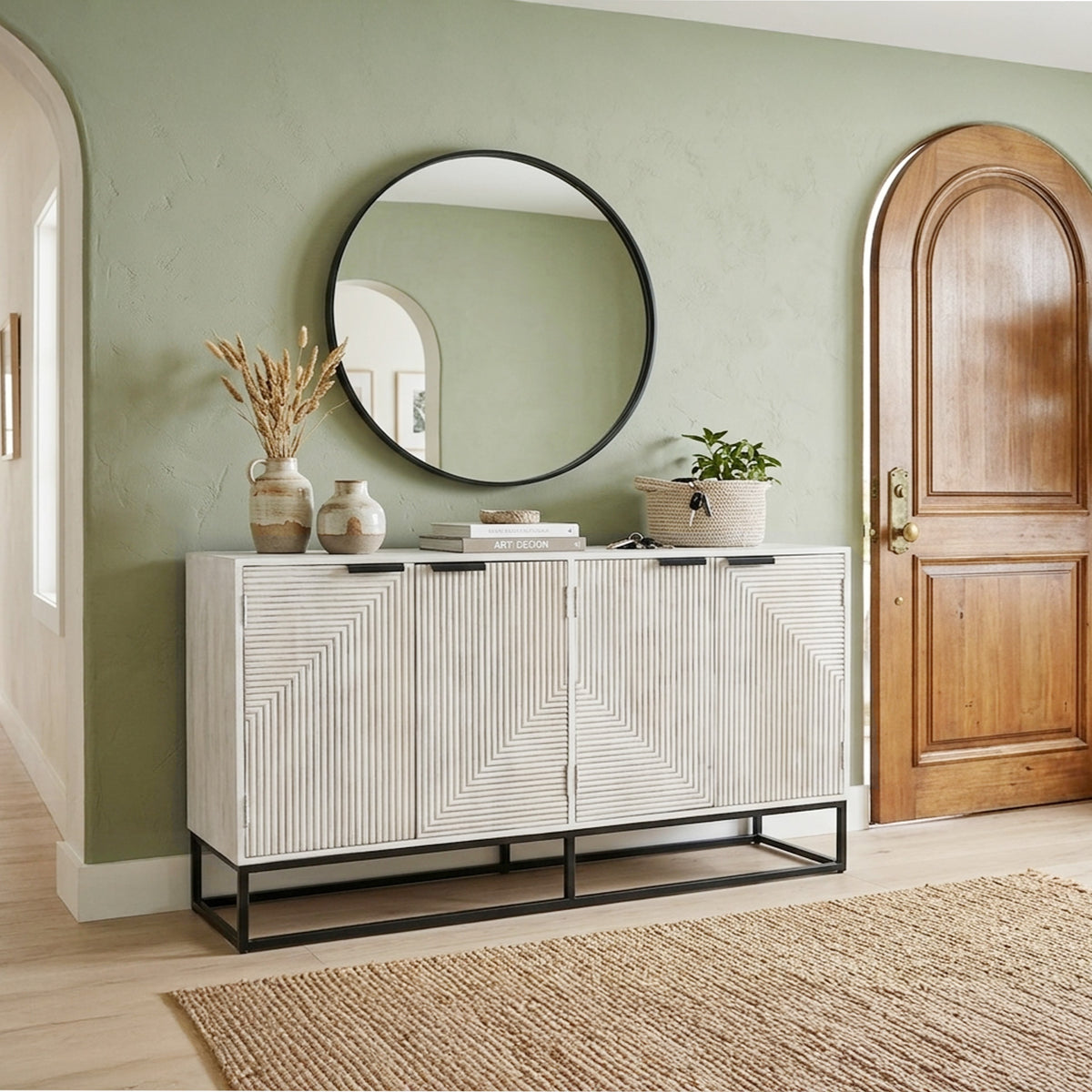 Seya 4 Door Sideboard Console, Fluted Front, Antique White Mango Wood, Black Iron Base, 60 Inch - UPT-352593
