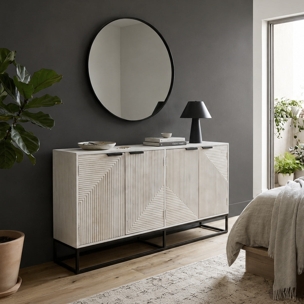 Seya 4 Door Sideboard Console, Fluted Front, Antique White Mango Wood, Black Iron Base, 60 Inch - UPT-352593