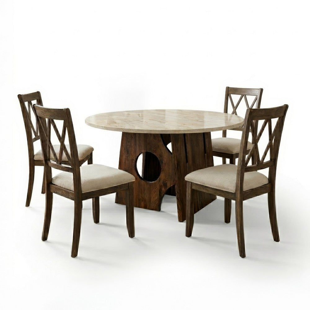 Jesa 5pc Round Dining Table Set, White Botticino Italian Marble, Walnut Brown - UPT-352818