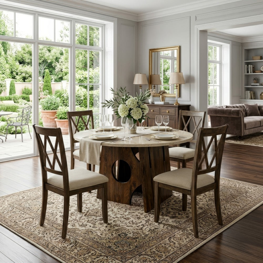 Jesa 5pc Round Dining Table Set, White Botticino Italian Marble, Walnut Brown - UPT-352818