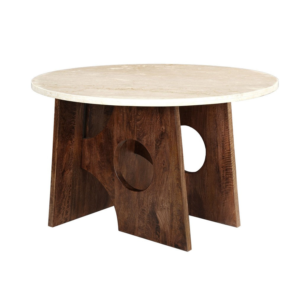 Jesa 5pc Round Dining Table Set, White Botticino Italian Marble, Walnut Brown - UPT-352818
