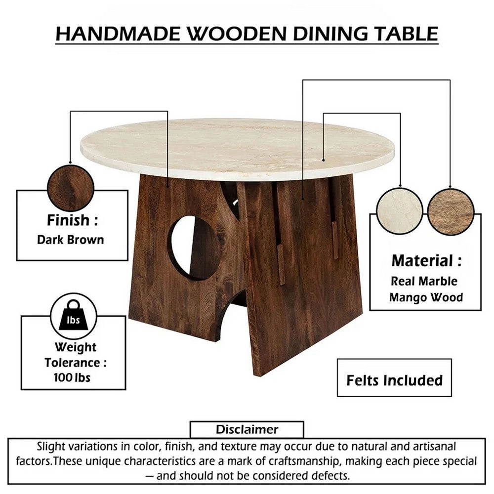 Jesa 5pc Round Dining Table Set, White Botticino Italian Marble, Walnut Brown - UPT-352818
