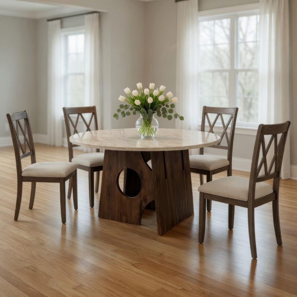 Jesa 5pc Round Dining Table Set, White Botticino Italian Marble, Walnut Brown - UPT-352818
