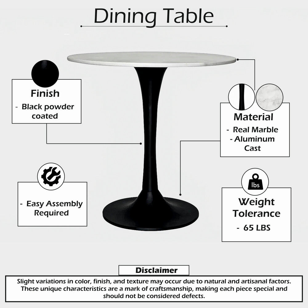 Kema 5pc Dining Table Set, Tulip Pedestal Base, Round White Marble, Black - UPT-352820