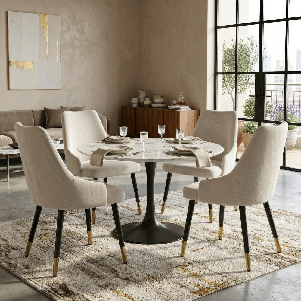 Kema 5pc Dining Table Set, Tulip Pedestal Base, Round White Marble, Black - UPT-352820