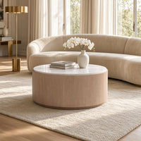Tisa 34 Inch Round Coffee Table, Banswara Marble Top, Organic Fluted Drum Base, Natural Brown - UPT-354398