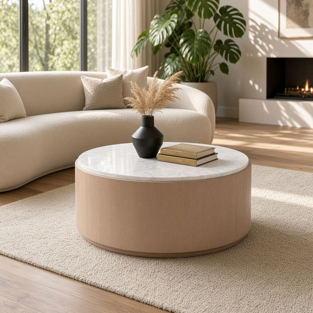 Tisa 34 Inch Round Coffee Table, Banswara Marble Top, Organic Fluted Drum Base, Natural Brown - UPT-354398