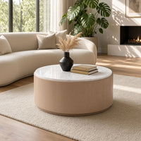 Tisa 34 Inch Round Coffee Table, Banswara Marble Top, Organic Fluted Drum Base, Natural Brown - UPT-354398
