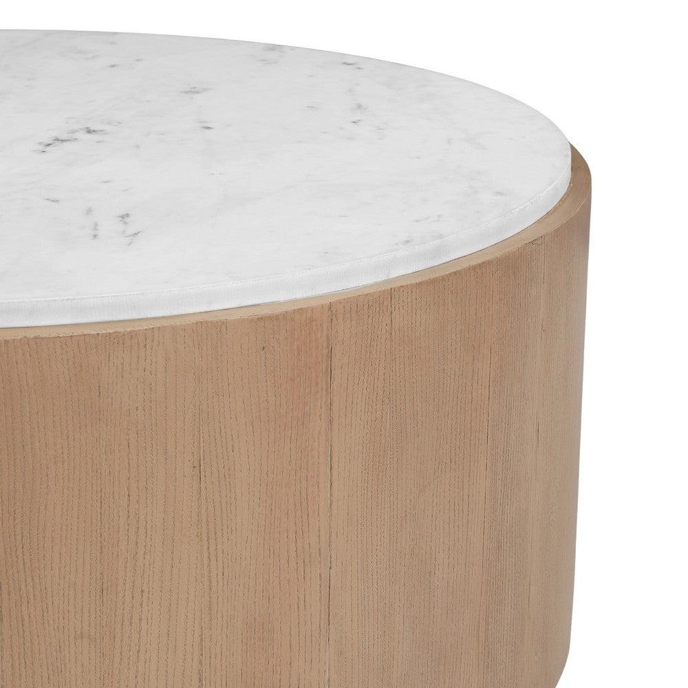 Tisa 34 Inch Round Coffee Table, Banswara Marble Top, Organic Fluted Drum Base, Natural Brown - UPT-354398