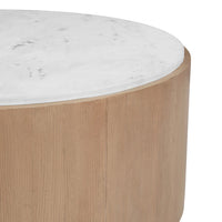 Tisa 34 Inch Round Coffee Table, Banswara Marble Top, Organic Fluted Drum Base, Natural Brown - UPT-354398