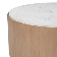 Tisa 34 Inch Round Coffee Table, Banswara Marble Top, Organic Fluted Drum Base, Natural Brown - UPT-354398