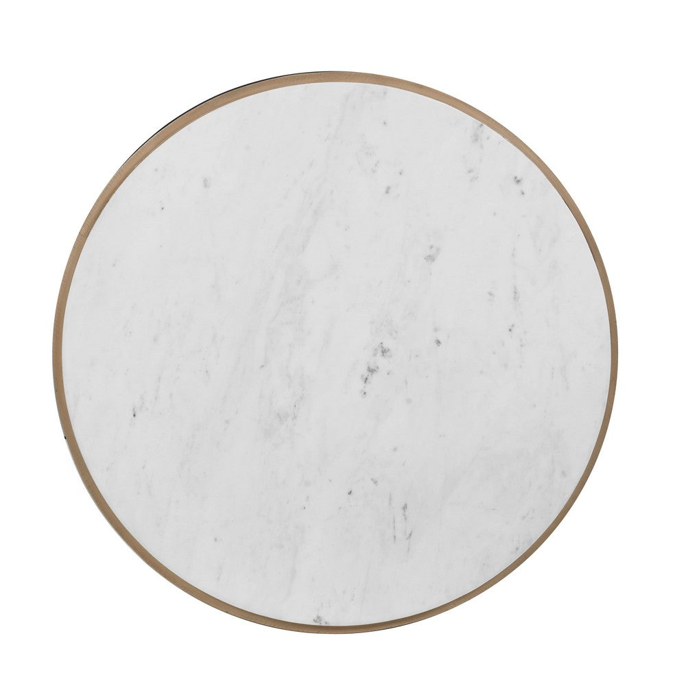 Tisa 34 Inch Round Coffee Table, Banswara Marble Top, Organic Fluted Drum Base, Natural Brown - UPT-354398