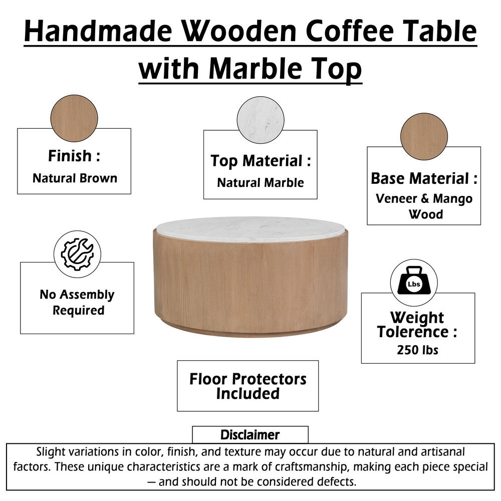 Tisa 34 Inch Round Coffee Table, Banswara Marble Top, Organic Fluted Drum Base, Natural Brown - UPT-354398