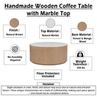 Tisa 34 Inch Round Coffee Table, Banswara Marble Top, Organic Fluted Drum Base, Natural Brown - UPT-354398