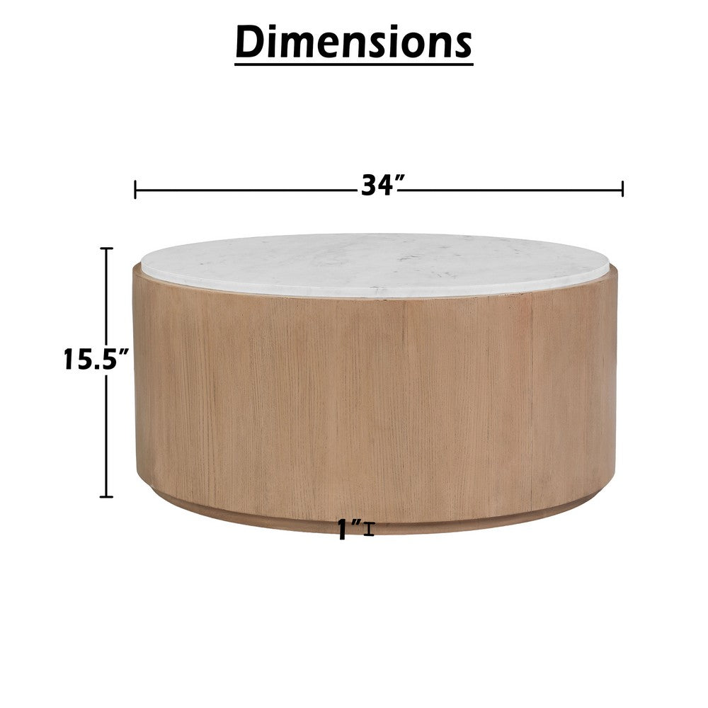 Tisa 34 Inch Round Coffee Table, Banswara Marble Top, Organic Fluted Drum Base, Natural Brown - UPT-354398