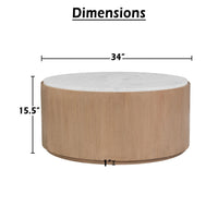Tisa 34 Inch Round Coffee Table, Banswara Marble Top, Organic Fluted Drum Base, Natural Brown - UPT-354398