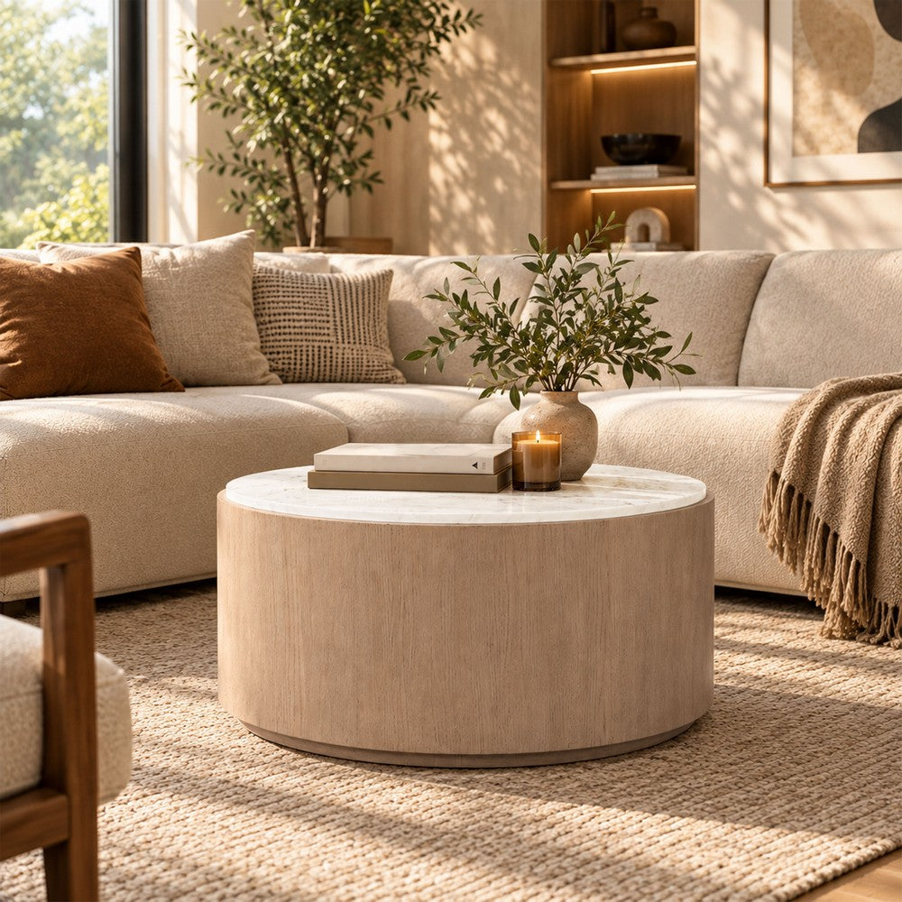 Tisa 34 Inch Round Coffee Table, Banswara Marble Top, Organic Fluted Drum Base, Natural Brown - UPT-354398