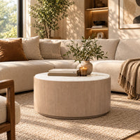 Tisa 34 Inch Round Coffee Table, Banswara Marble Top, Organic Fluted Drum Base, Natural Brown - UPT-354398