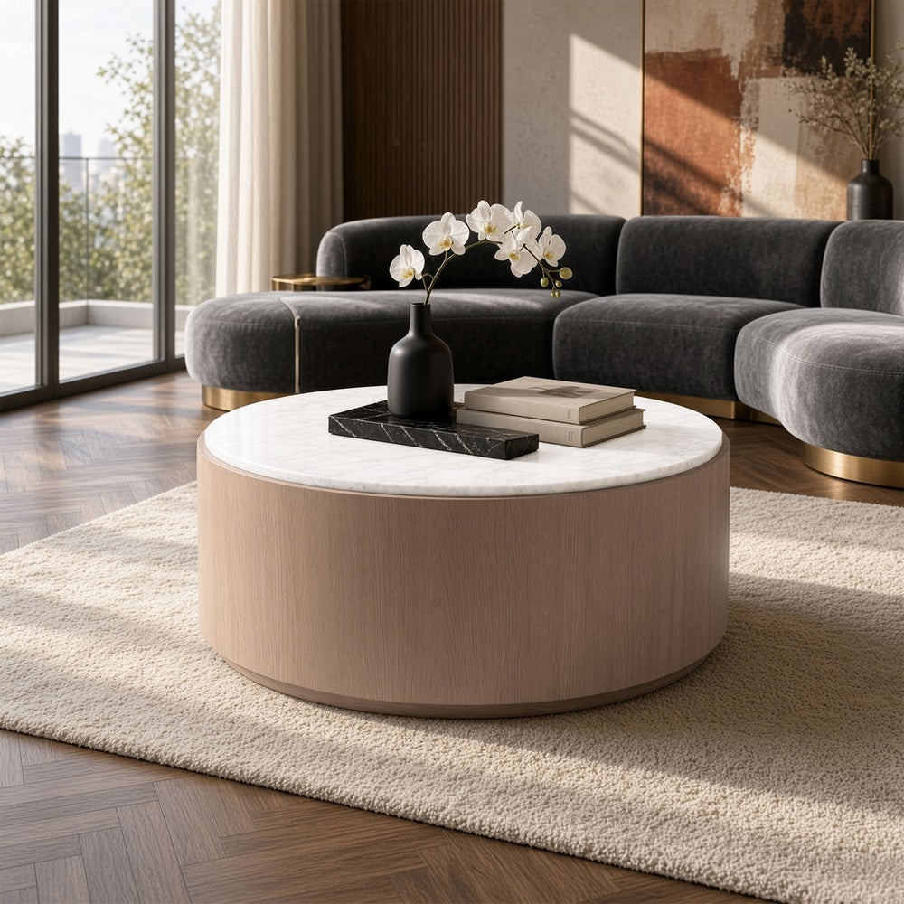 Tisa 34 Inch Round Coffee Table, Banswara Marble Top, Organic Fluted Drum Base, Natural Brown - UPT-354398