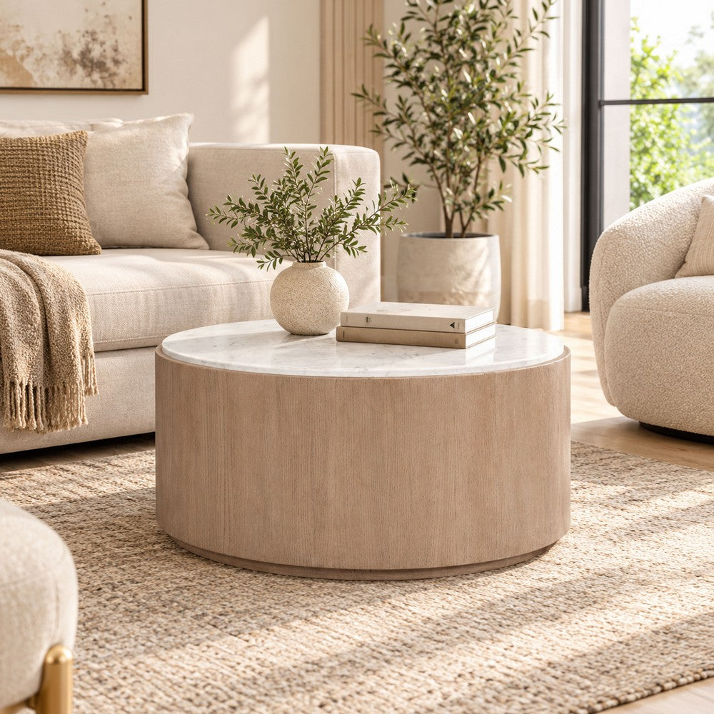 Tisa 34 Inch Round Coffee Table, Banswara Marble Top, Organic Fluted Drum Base, Natural Brown - UPT-354398