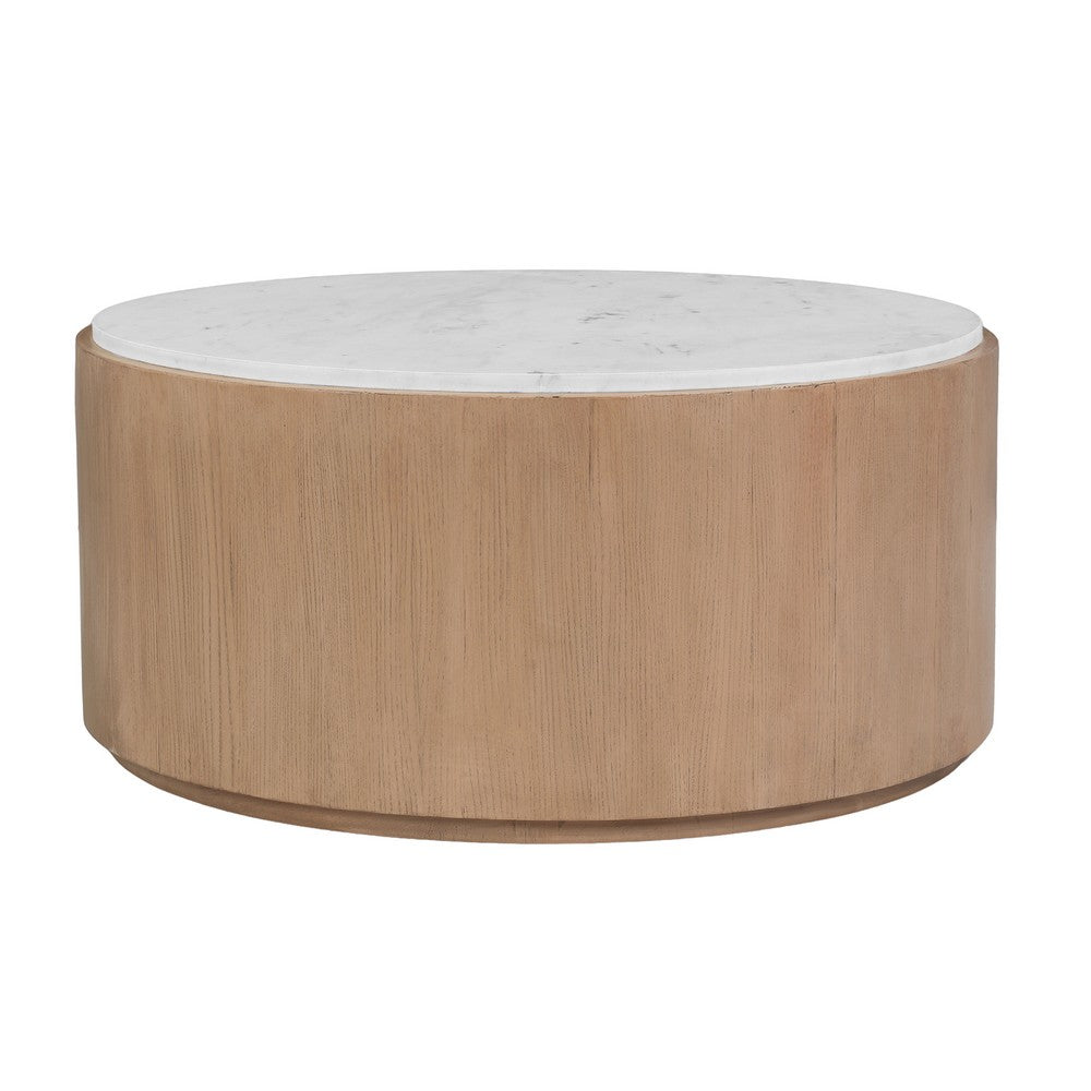 Tisa 34 Inch Round Coffee Table, Banswara Marble Top, Organic Fluted Drum Base, Natural Brown - UPT-354398