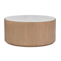 Tisa 34 Inch Round Coffee Table, Banswara Marble Top, Organic Fluted Drum Base, Natural Brown - UPT-354398