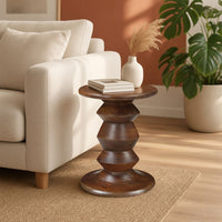 Jie Side End Table, Sculpted Pedestal Base, Walnut Brown Mango Wood, 18.5 Inch - UPT-354399