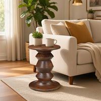 Jie Side End Table, Sculpted Pedestal Base, Walnut Brown Mango Wood, 18.5 Inch - UPT-354399