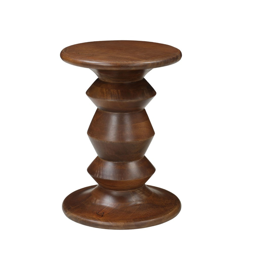 Jie Side End Table, Sculpted Pedestal Base, Walnut Brown Mango Wood, 18.5 Inch - UPT-354399