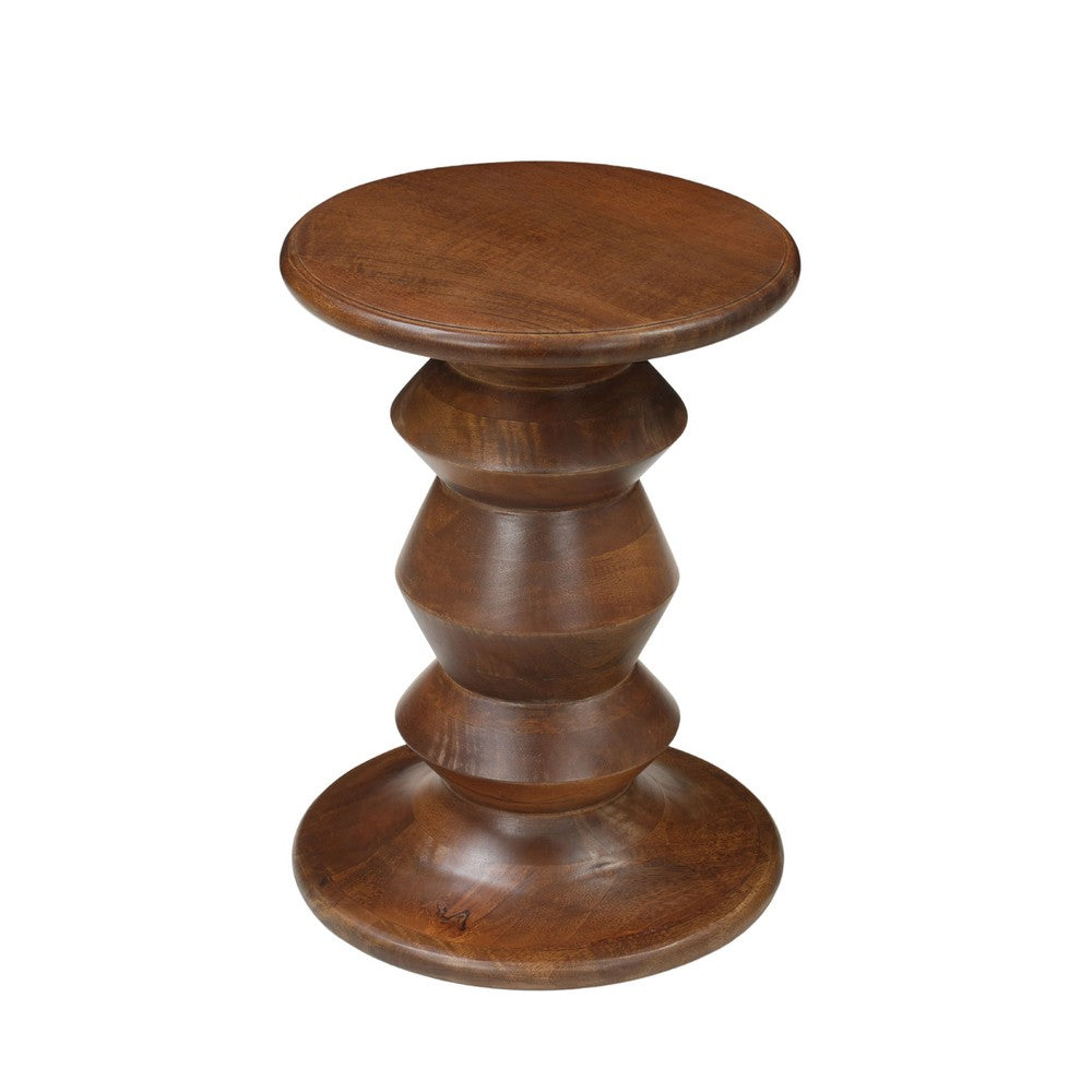 Jie Side End Table, Sculpted Pedestal Base, Walnut Brown Mango Wood, 18.5 Inch - UPT-354399