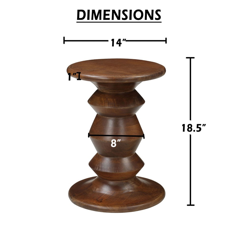 Jie Side End Table, Sculpted Pedestal Base, Walnut Brown Mango Wood, 18.5 Inch - UPT-354399