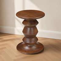 Jie Side End Table, Sculpted Pedestal Base, Walnut Brown Mango Wood, 18.5 Inch - UPT-354399