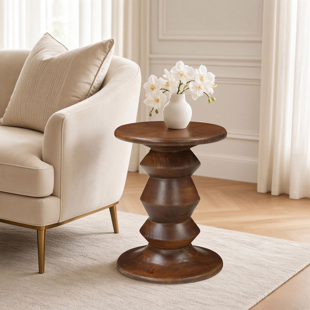 Jie Side End Table, Sculpted Pedestal Base, Walnut Brown Mango Wood, 18.5 Inch - UPT-354399