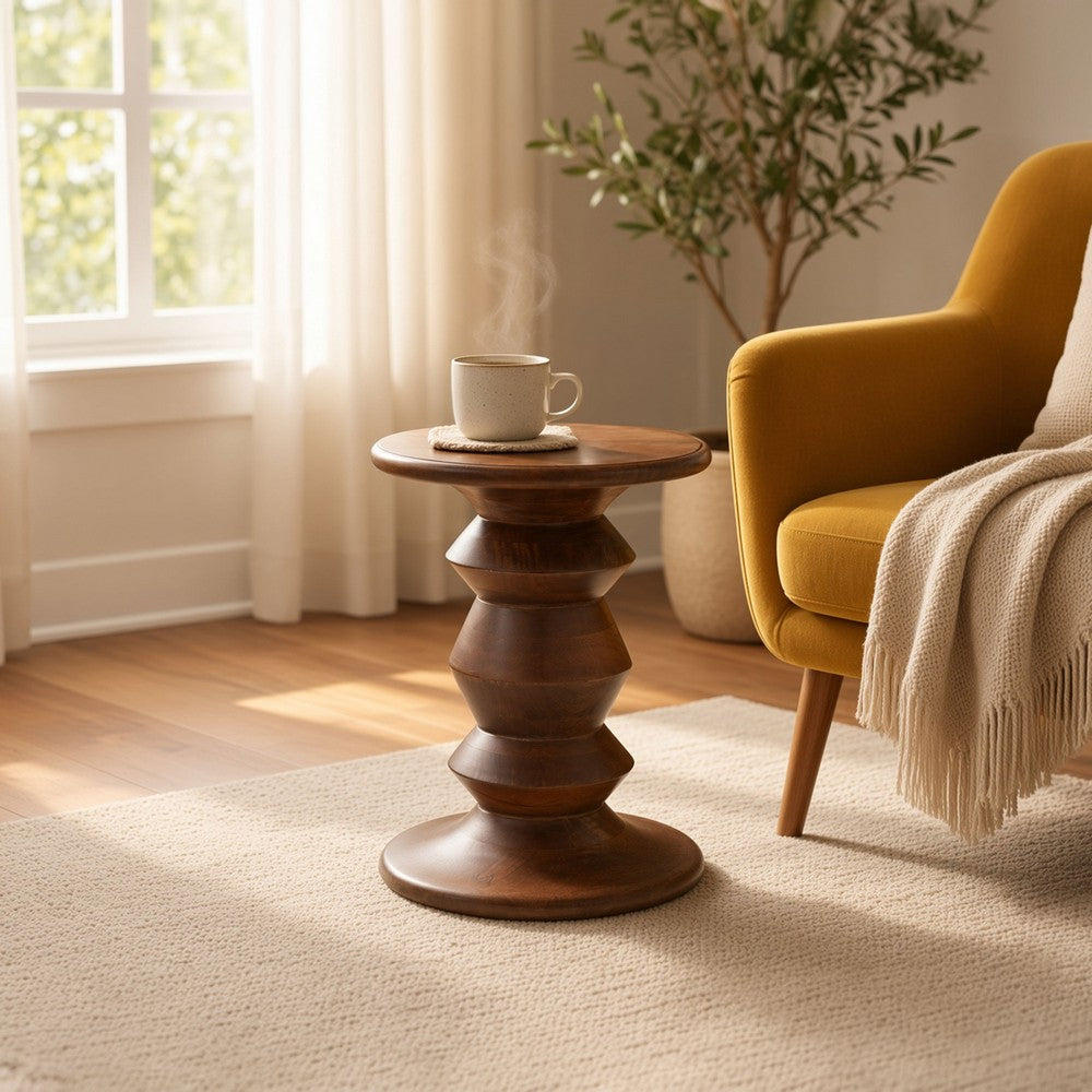Jie Side End Table, Sculpted Pedestal Base, Walnut Brown Mango Wood, 18.5 Inch - UPT-354399
