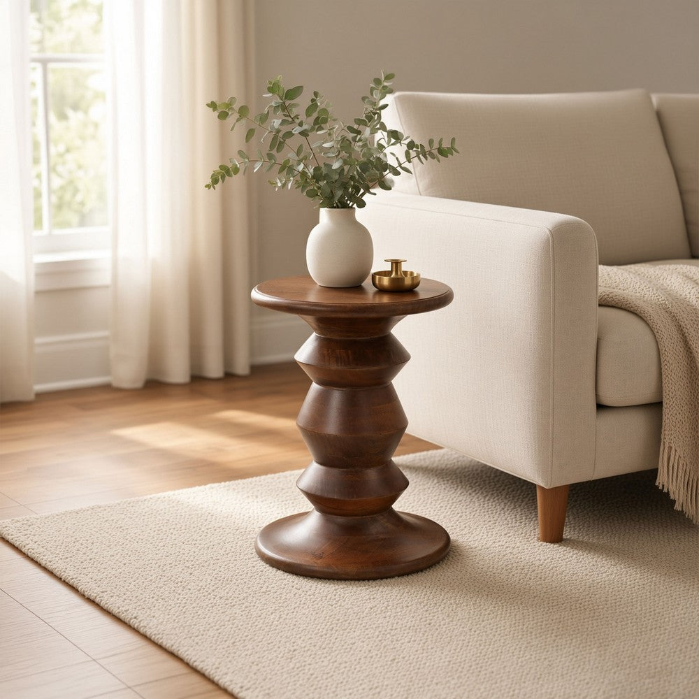 Jie Side End Table, Sculpted Pedestal Base, Walnut Brown Mango Wood, 18.5 Inch - UPT-354399
