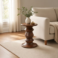 Jie Side End Table, Sculpted Pedestal Base, Walnut Brown Mango Wood, 18.5 Inch - UPT-354399