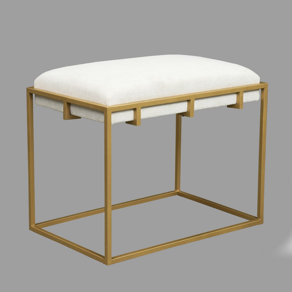 Syna 24 Inch Modern Ottoman Bench, Glam Gold Metal Frame, Off White Boucle Upholstered Seat - UPT-354401