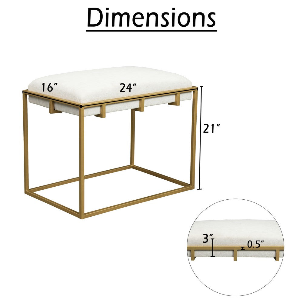 Syna 24 Inch Modern Ottoman Bench, Glam Gold Metal Frame, Off White Boucle Upholstered Seat - UPT-354401