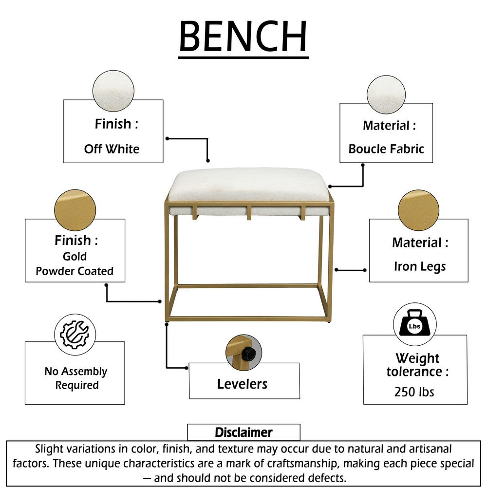 Syna 24 Inch Modern Ottoman Bench, Glam Gold Metal Frame, Off White Boucle Upholstered Seat - UPT-354401