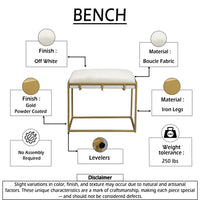Syna 24 Inch Modern Ottoman Bench, Glam Gold Metal Frame, Off White Boucle Upholstered Seat - UPT-354401